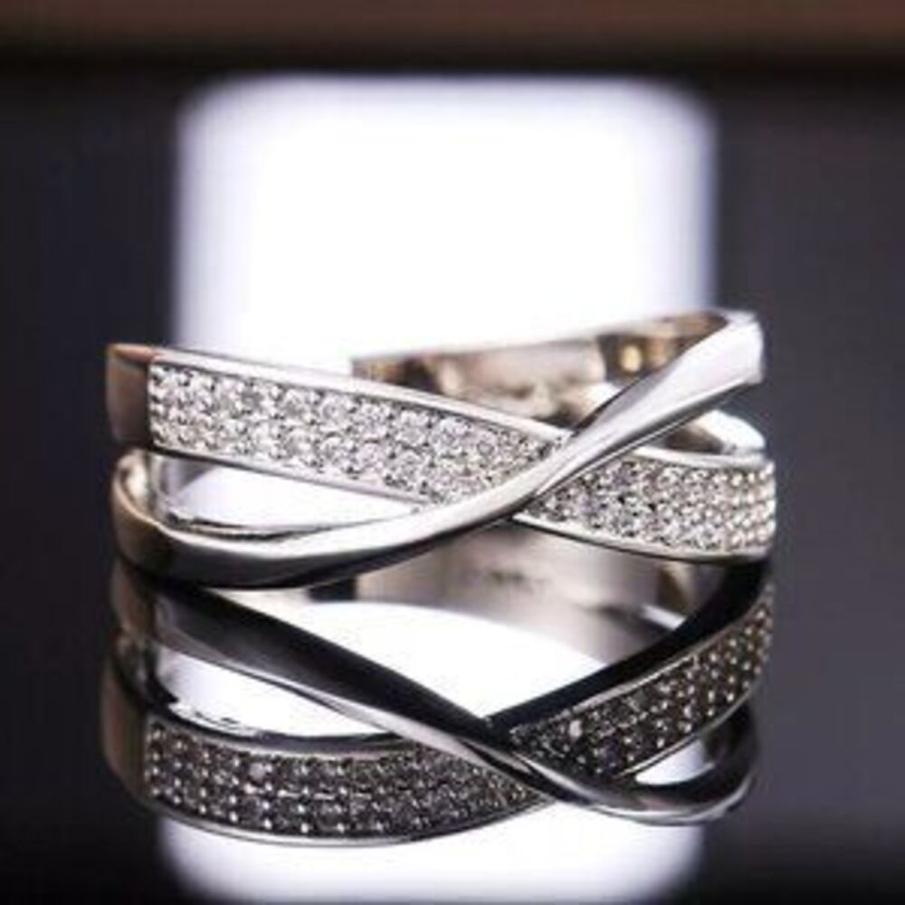 NEW 925 Sterling Silver Diamond Ring Band Criss Cross Ring